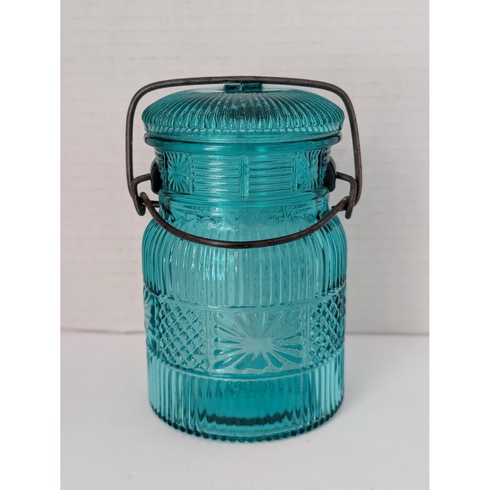 Vintage Avon teal blue glass jar mason collectable wire bail clamp on lid